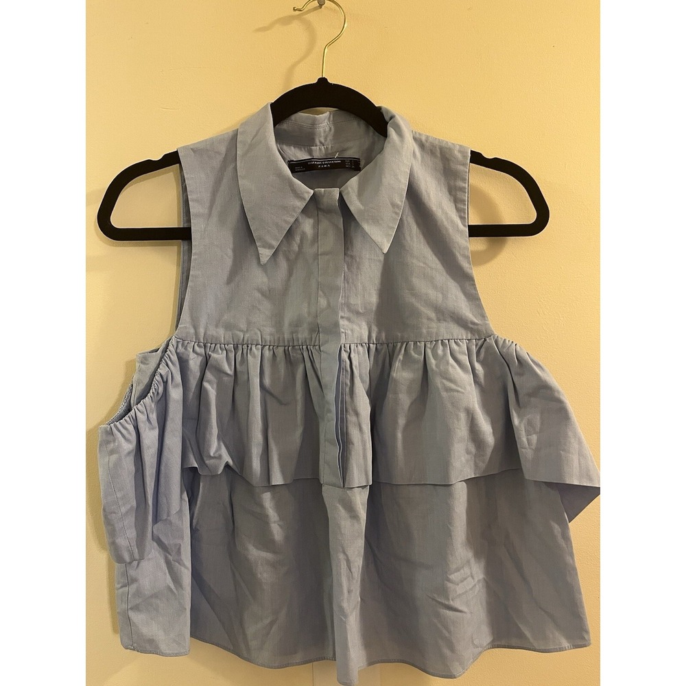 Zara Trafaluc Light Blue Cold Shoulder Ruffle Tiered Poplin Sleeveless Top S‎